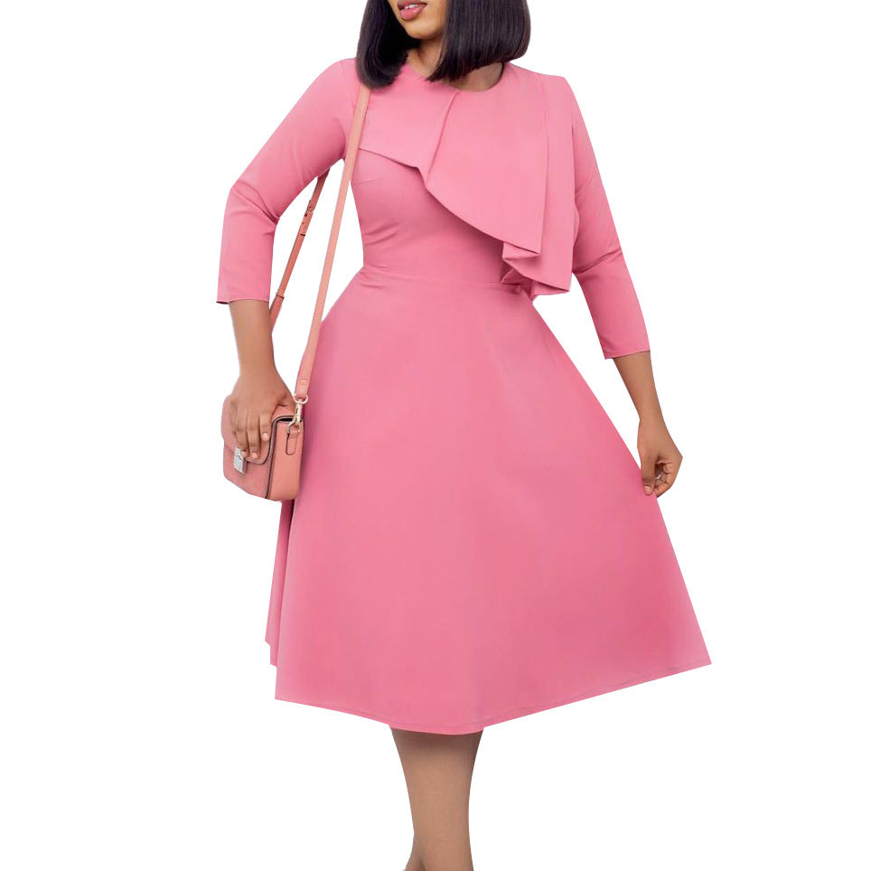 Women Fall/Winter Round Neck Solid Ruffles Long Sleeve Dress 8