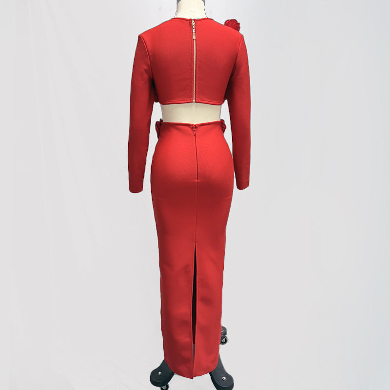 Solid Color Long Sleeve Flower Bandage Top Long Skirt Two-Piece Set 15