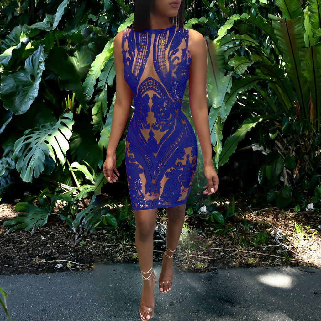 Women's Beaded Embroidery Round Neck Sleeveless See Through Sexy Nightclub Dress 4