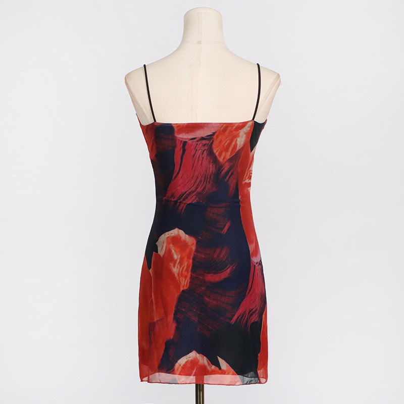 Women summer mesh print bodycon strap dress 10