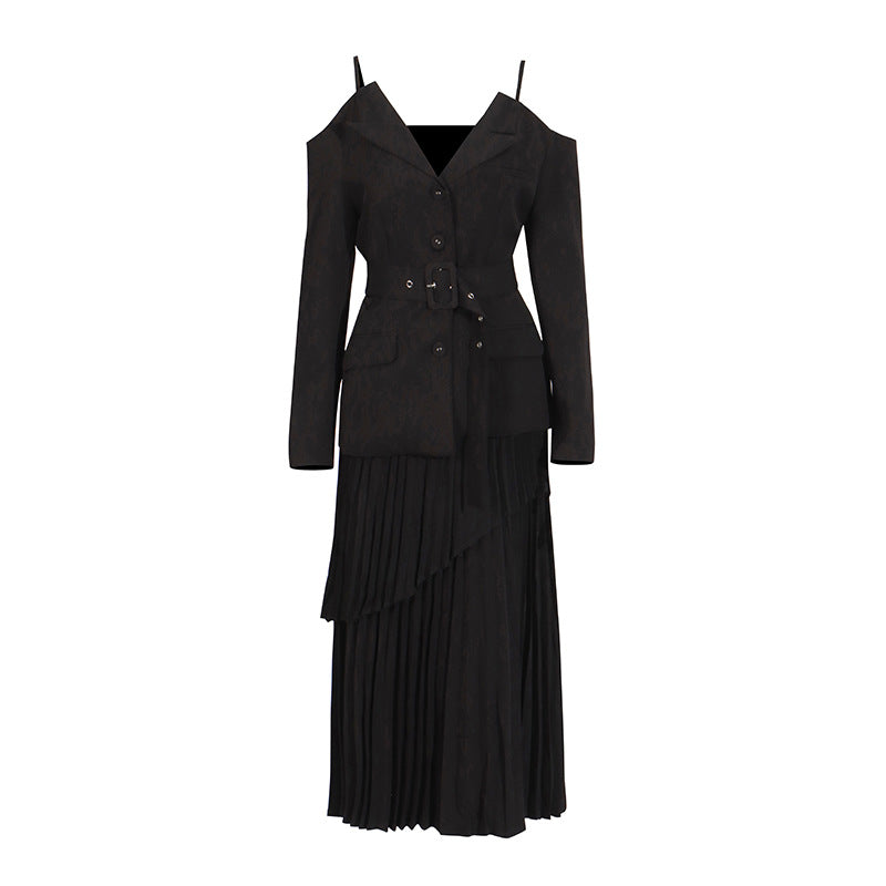 Off-Shoulder Strap Top High-Waist Pleated Skirt Two Piece Set 9