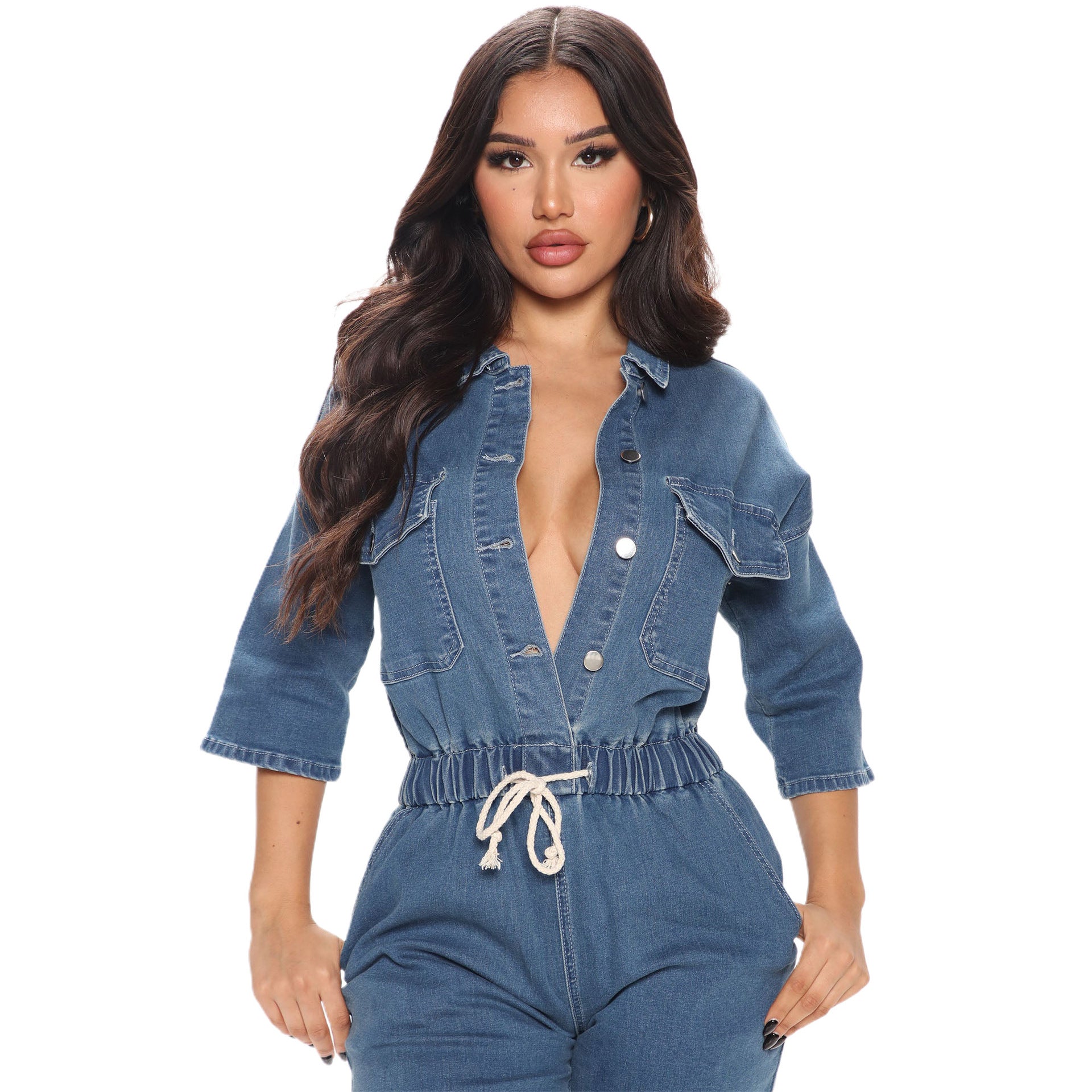 Women Casual Pocket Half Sleeve Denim Jumpsuit 5