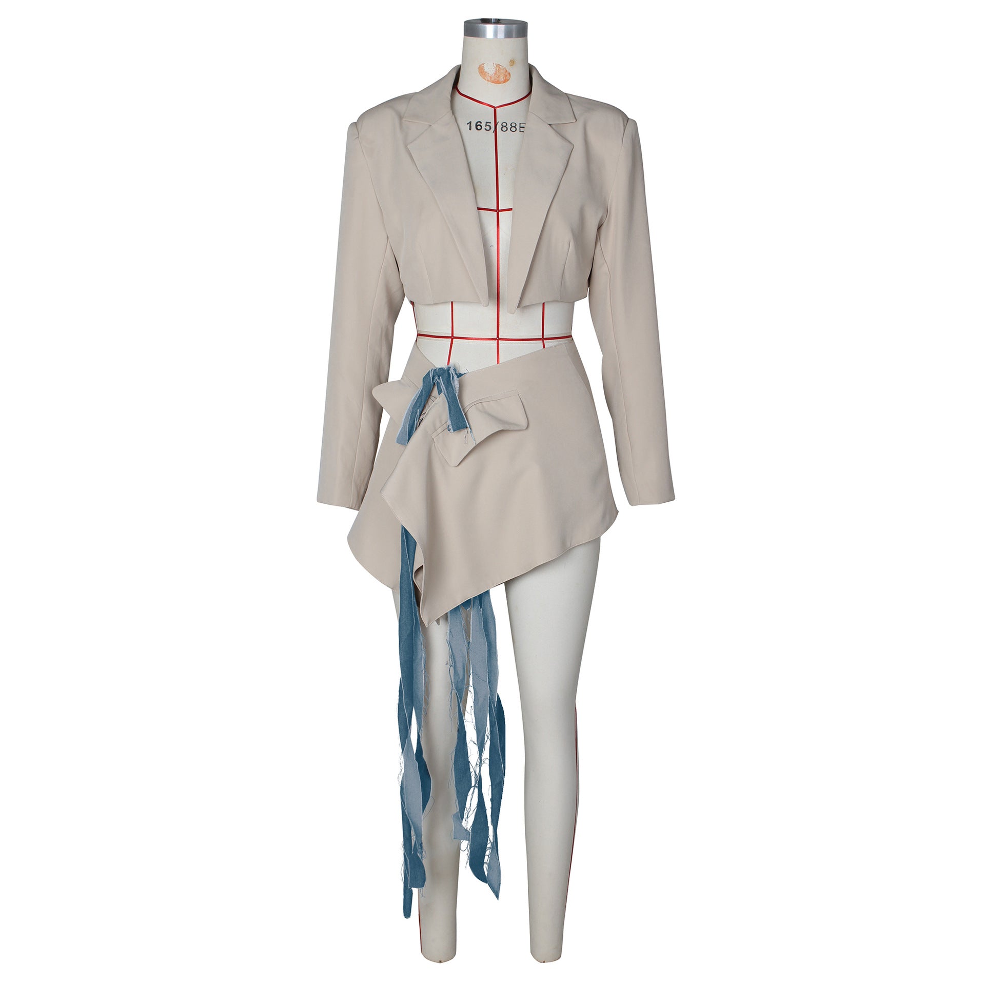 Autumn Women Sexy Crop Blazer Suit And Denim Lace-Up Skirt Two-piece Set 10