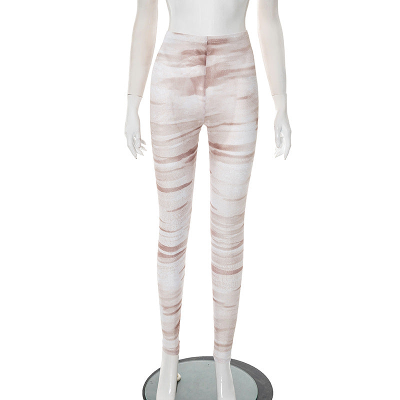 Women Spring and Summer Mesh Print See-Through Tight Pants 16