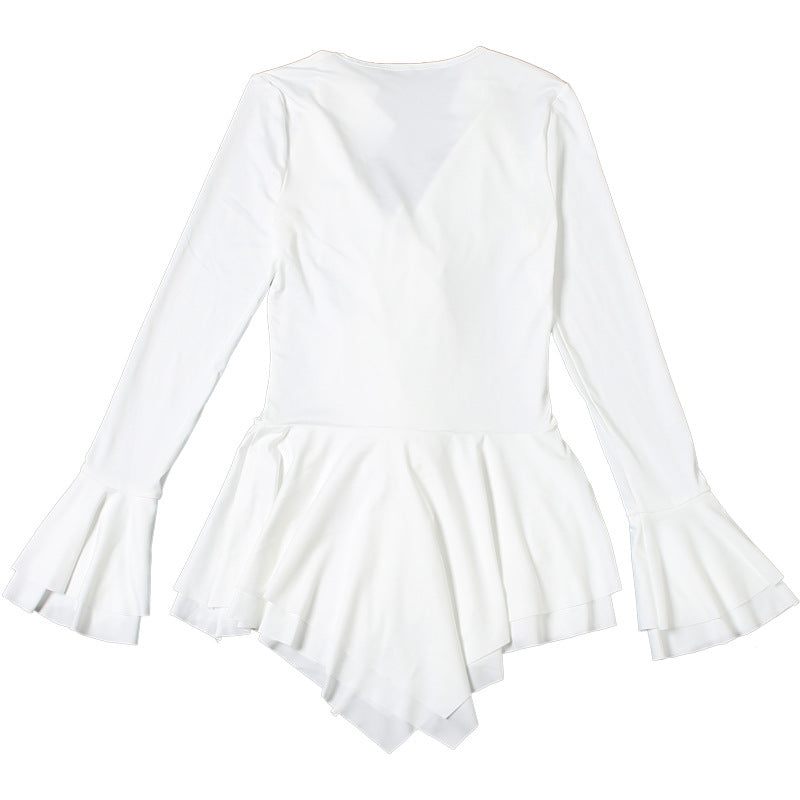 Women Fall V-Neck Lace-Up Ruffle Bell Bottom Sleeve Dress 14