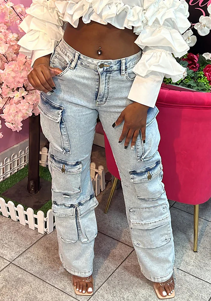 Women's Fashion Multi-Pocket Straight-Leg Washed Cargo Denim Pants