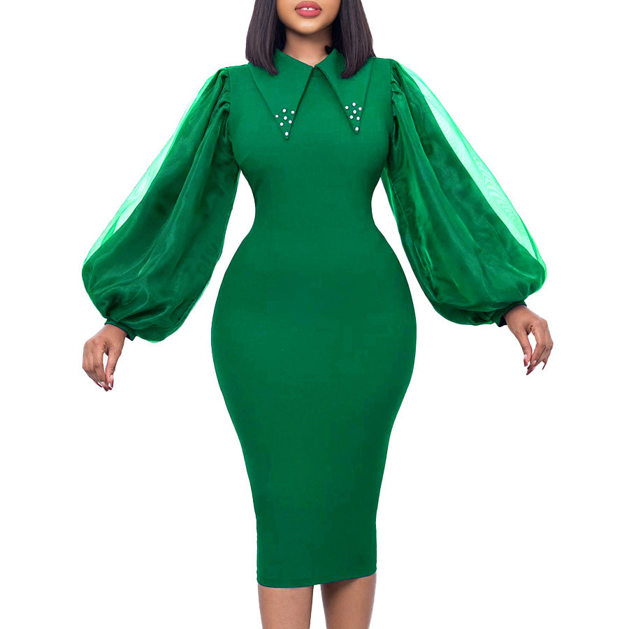 Women'S Spring Autumn Long Sleeve Plus Size Beaded Mesh Patchwork Career Bodycon Pencil Dress 8