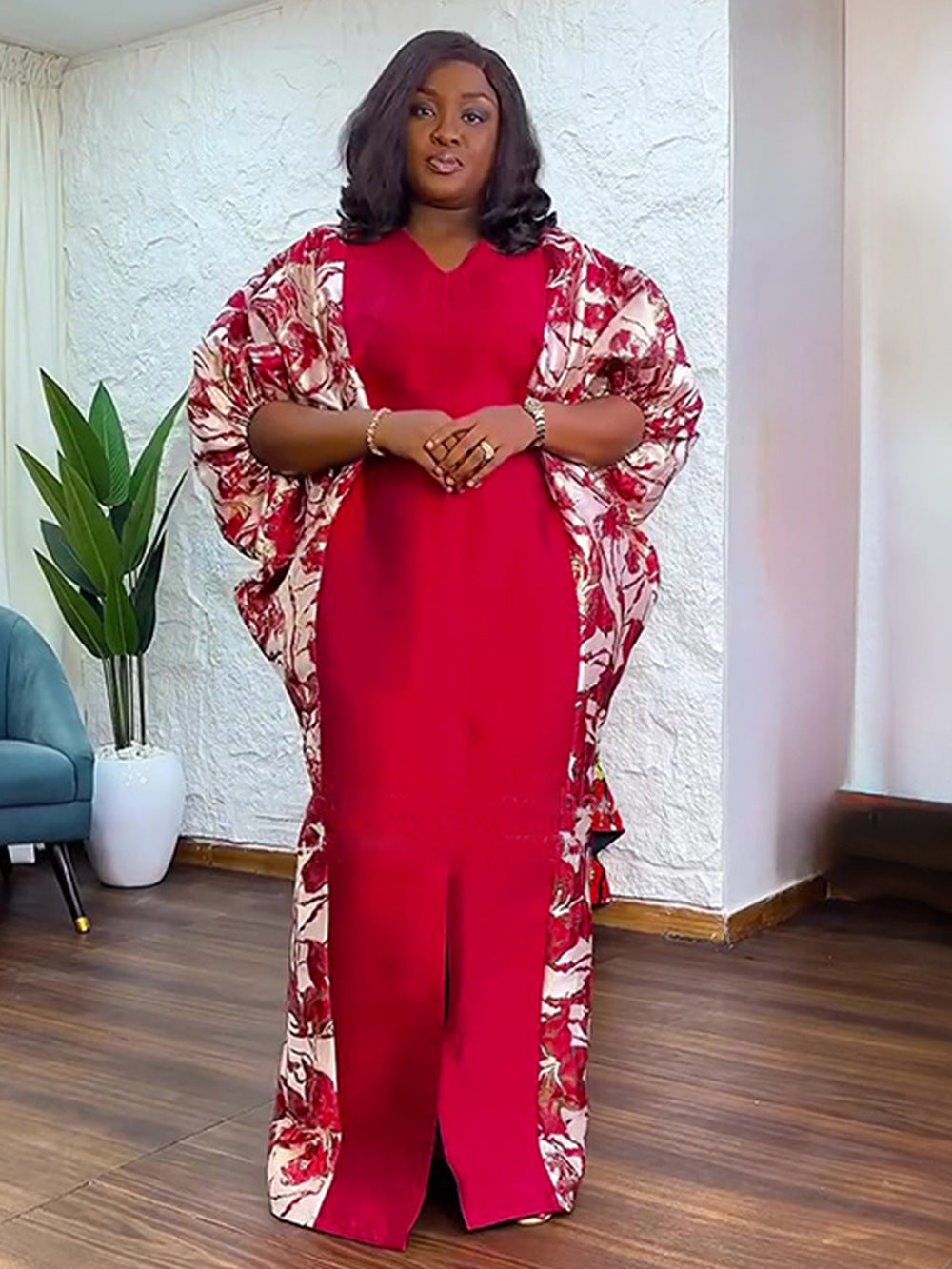 Plus Size Women's Robe African Color Block Print Dress