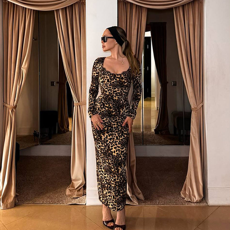 Women Fall Sexy Leopard Print U-Neck Long-Sleeved Dress 5