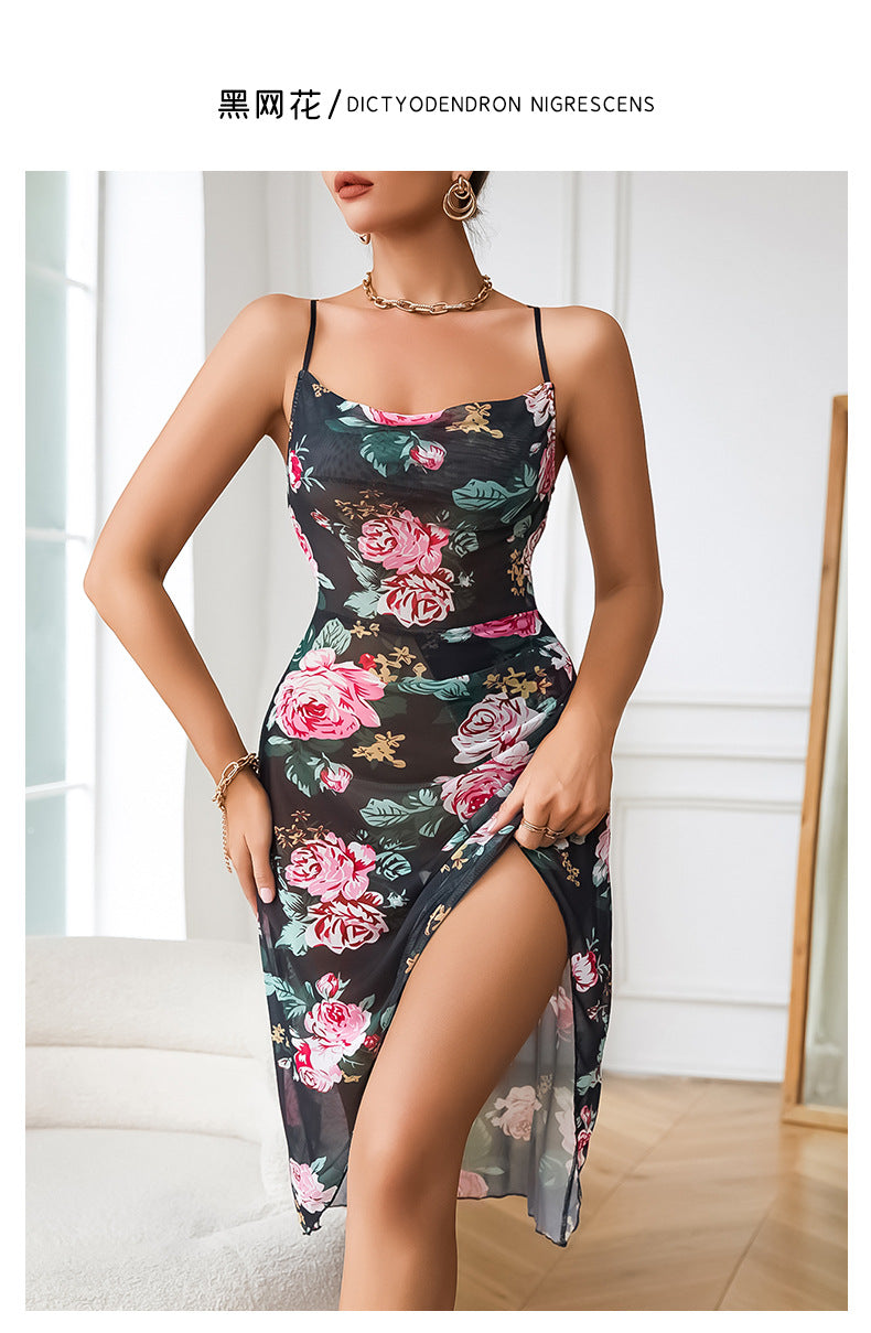 Floral Print Mesh Irregular Straps Nightdress Home Wear 8