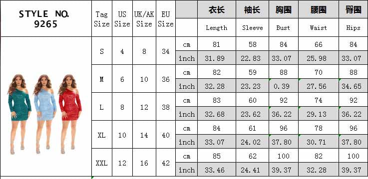 Women Slash Shoulder Off Shoulder Long Sleeve Sequined Bodycon Dress 12