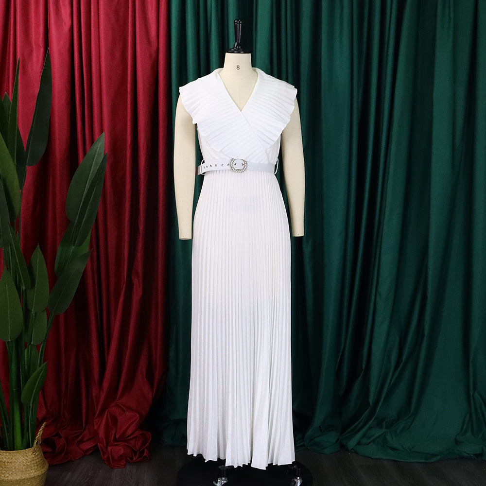 Women Summer Sexy Ruffled Pleated Maxi Dress with Belt 22