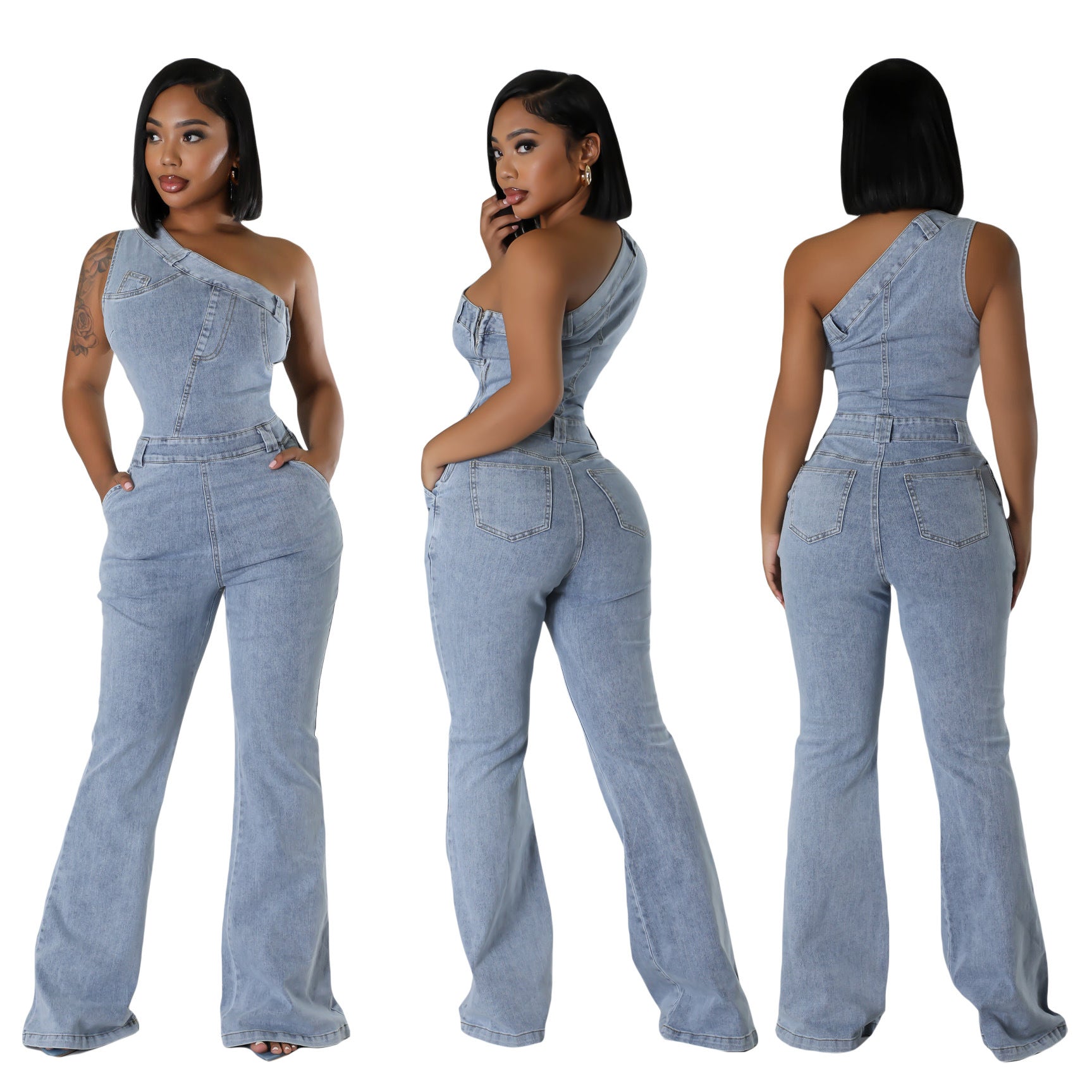 Slash Shoulder Slim Fit Stretch Washed Bell Bottom Denim Jumpsuit 5