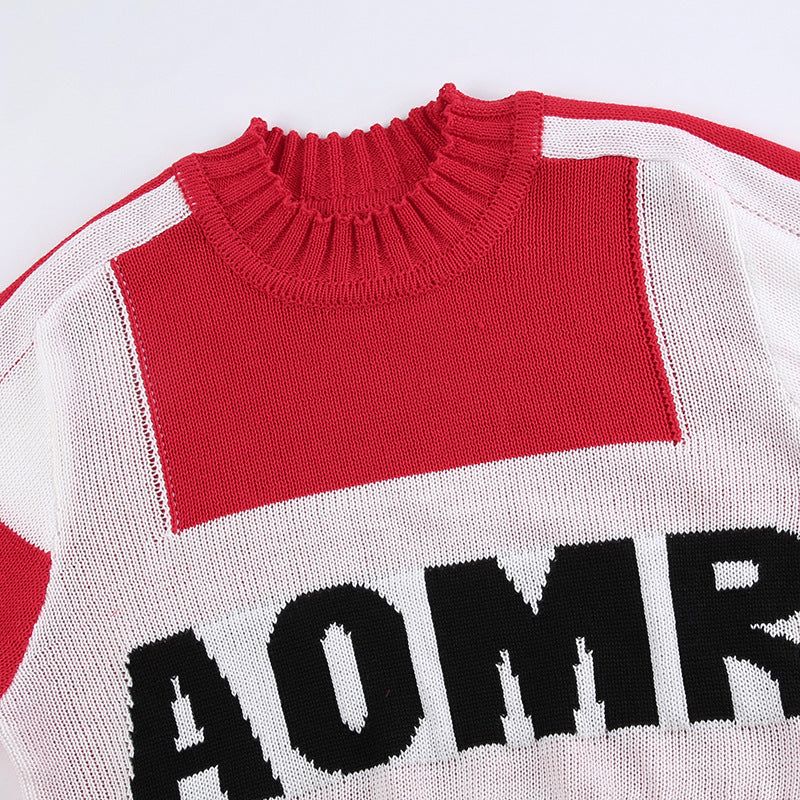 Women Patchwork Contrast Letter Half-High Neck Long Sleeve Crop Sweater 12