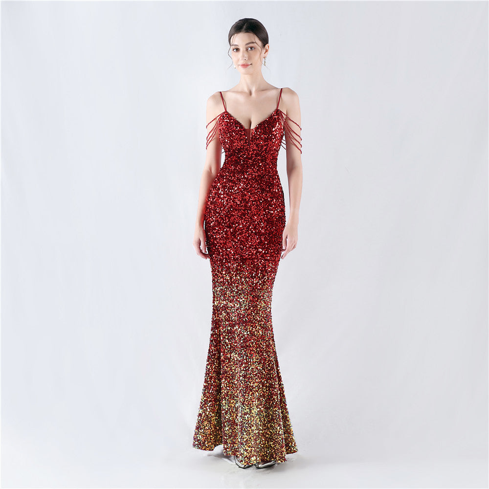 Gradient Sequins Sexy Strap Evening Dress 16