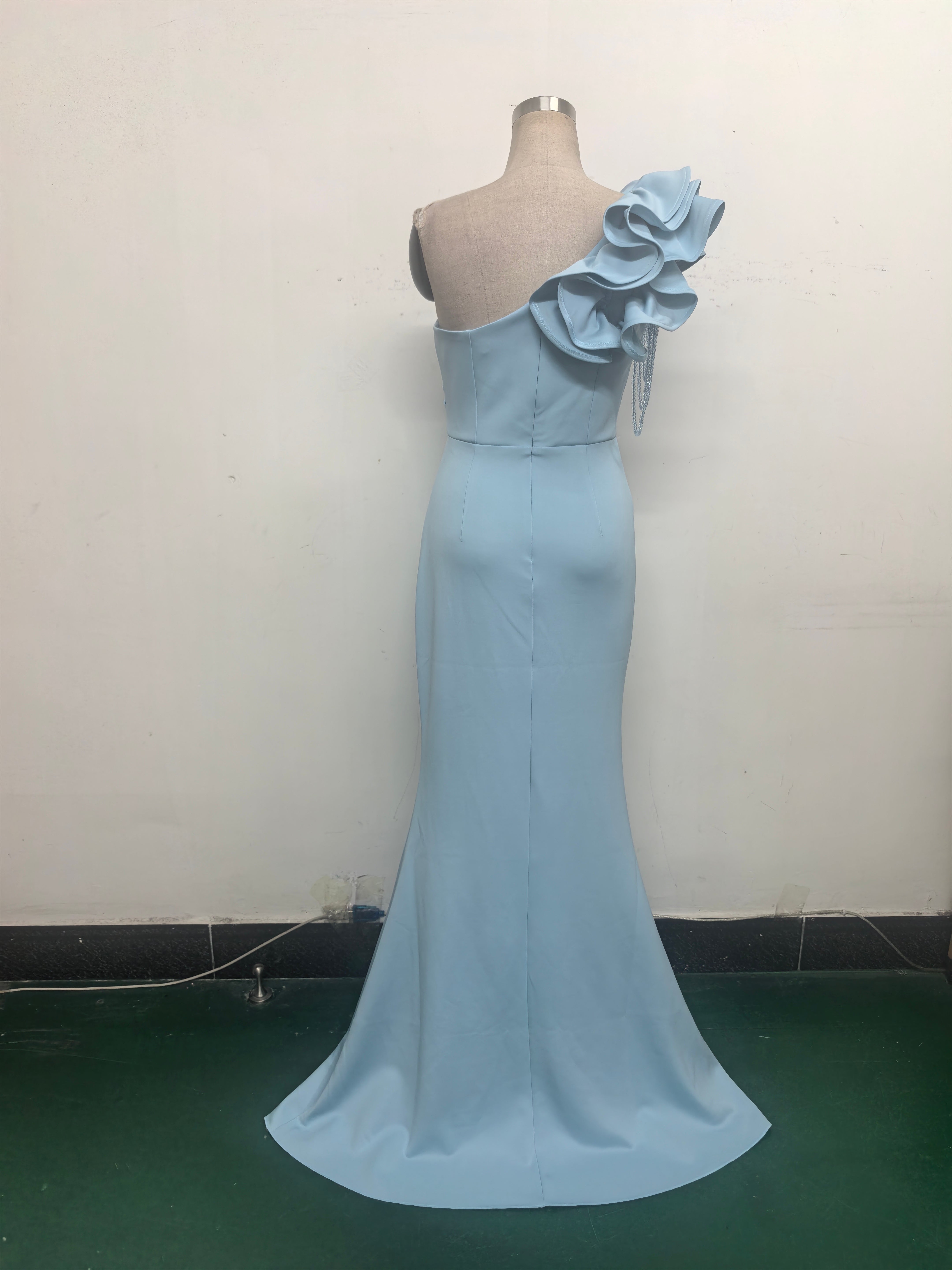 Women One-Shoulder Beaded Wool and Floral Satin Slit Sexy Evening Dress 37