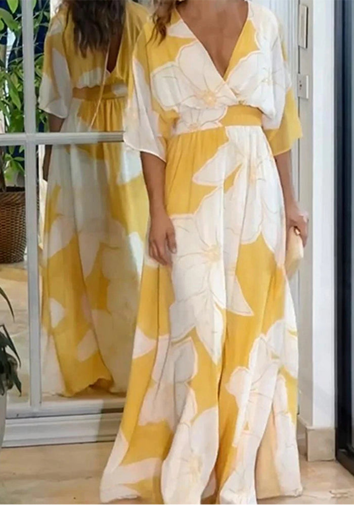 Spring Summer Women's Fashion Chic Printed V-Neck Low Back Maxi Dress