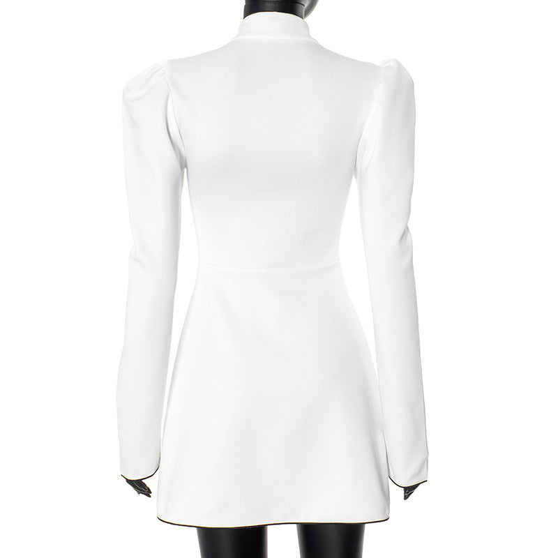 Women's Slim Long Sleeve Stand Collar A-Line Short Dress 7