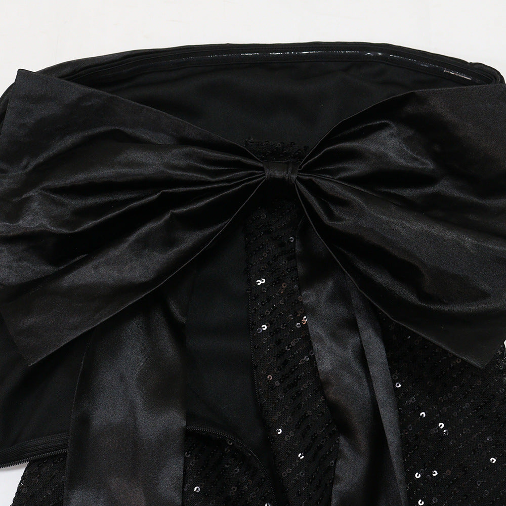 Women Sexy Strapless Satin Patchwork Sequin Fishtail Dress 11