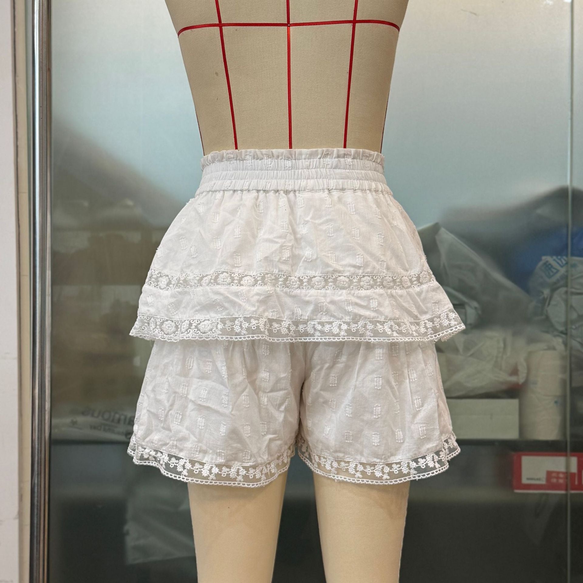 Women Elastic Waist Puffy Layered Lace Cascading Ruffles Skirt Pants 20