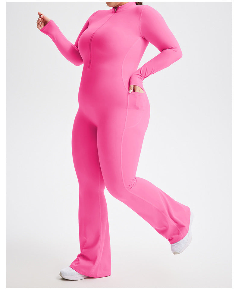 Plus Size Zipper Long Sleeve Fitness Sport Bell Bottom Jumpsuit Tight Fitting Yoga wear 8