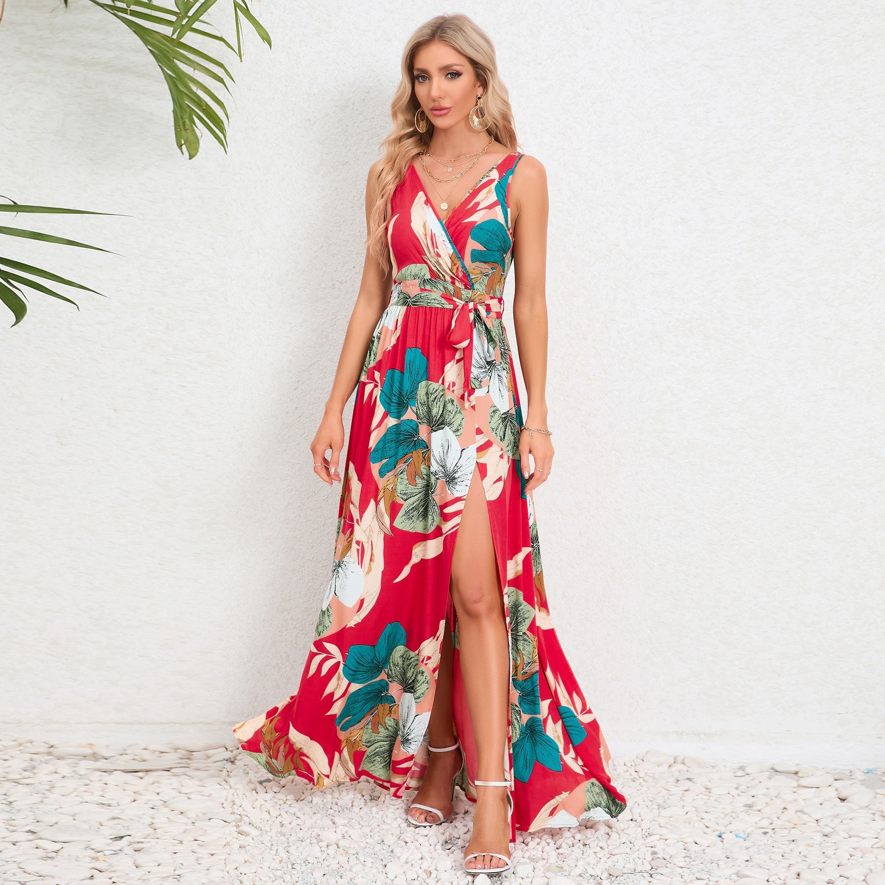 Summer Women's V-Neck Sleeveless Slit Printed Long Strap Dress