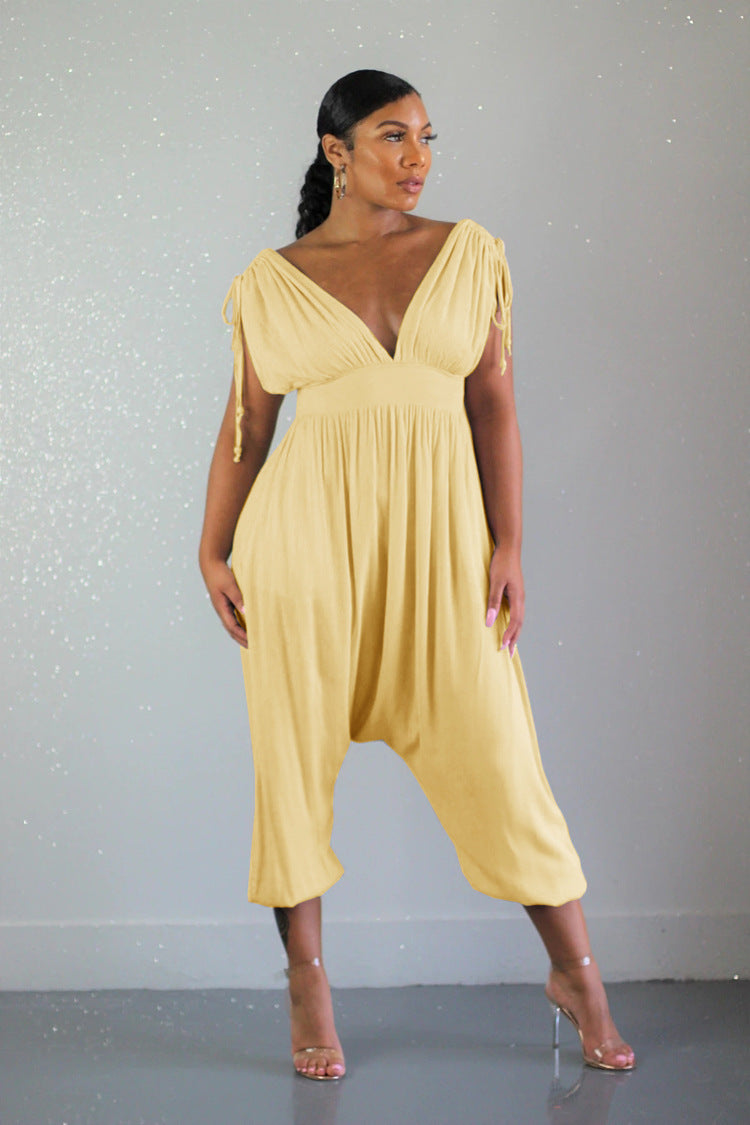 Women Casual Drawstring V Neck Wide Leg Jumpsuit 5