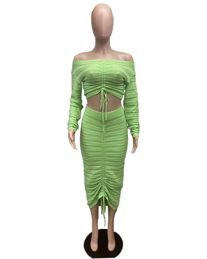 Women's Autumn and Winter Fashion Long Sleeve Off Shoulder Crop Top Drawstring Skirt Knitted two piece Set 19