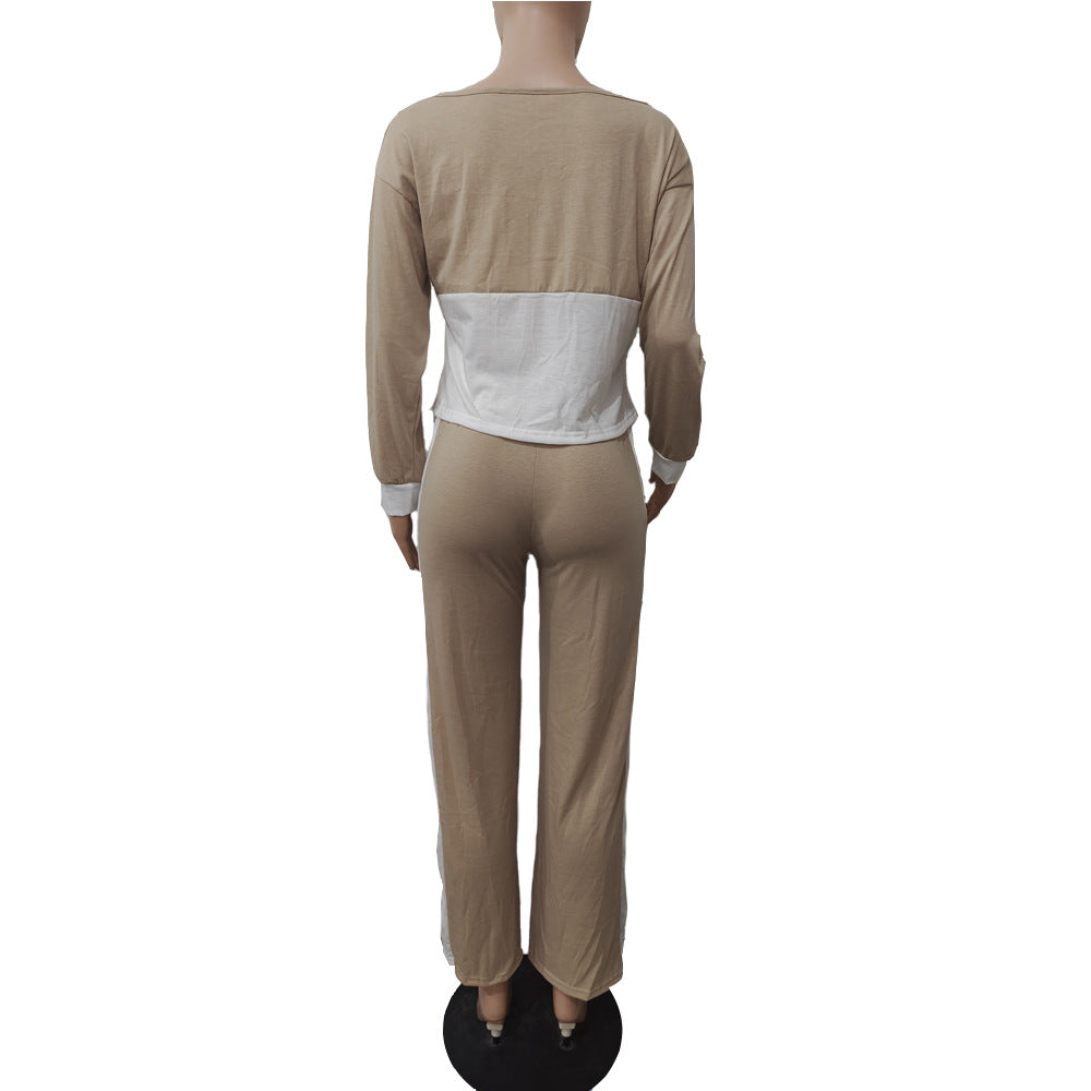 Women's Contrast Color Patchwork Casual Two Piece Pants Set 12