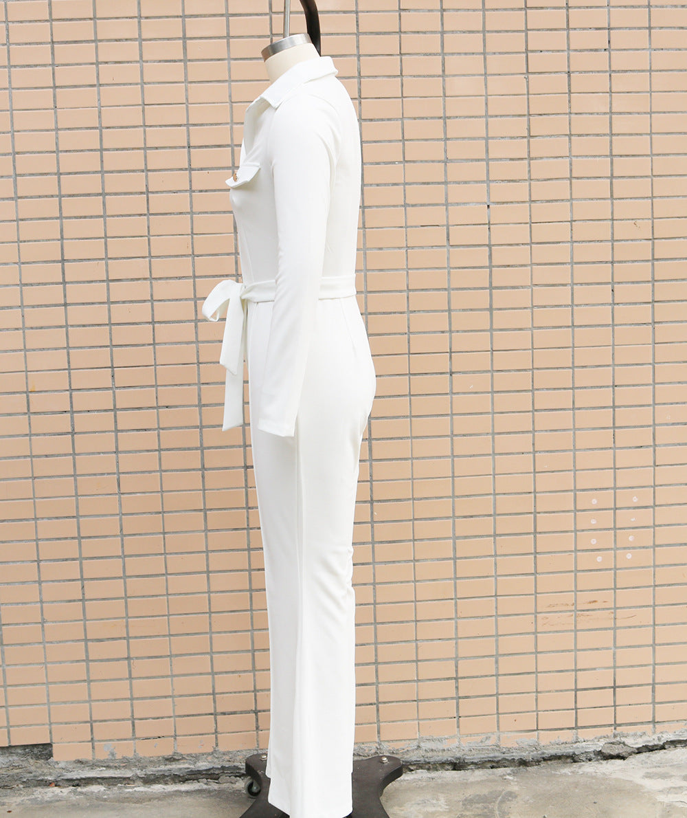 Women Turndown Collar Long Sleeve Bell-Bottom Jumpsuit 24