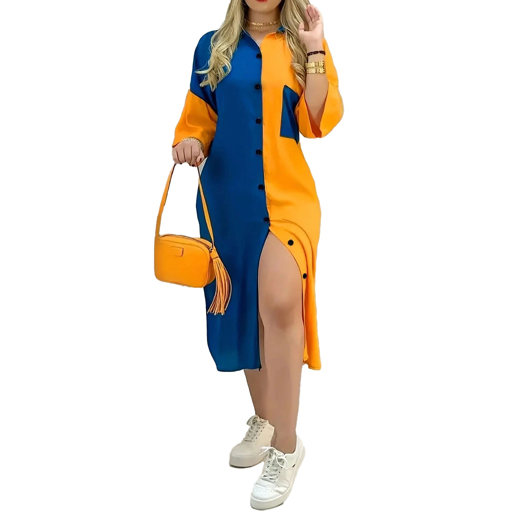 Contrast Color Patchwork Plus Size Women's Turndown Collar Half Sleeve Long Shirt Dress 6