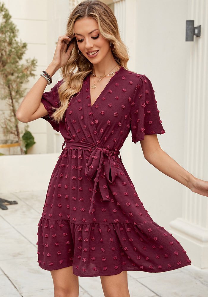 Women Ruffle Sleeve V Neck Lace-Up Dress