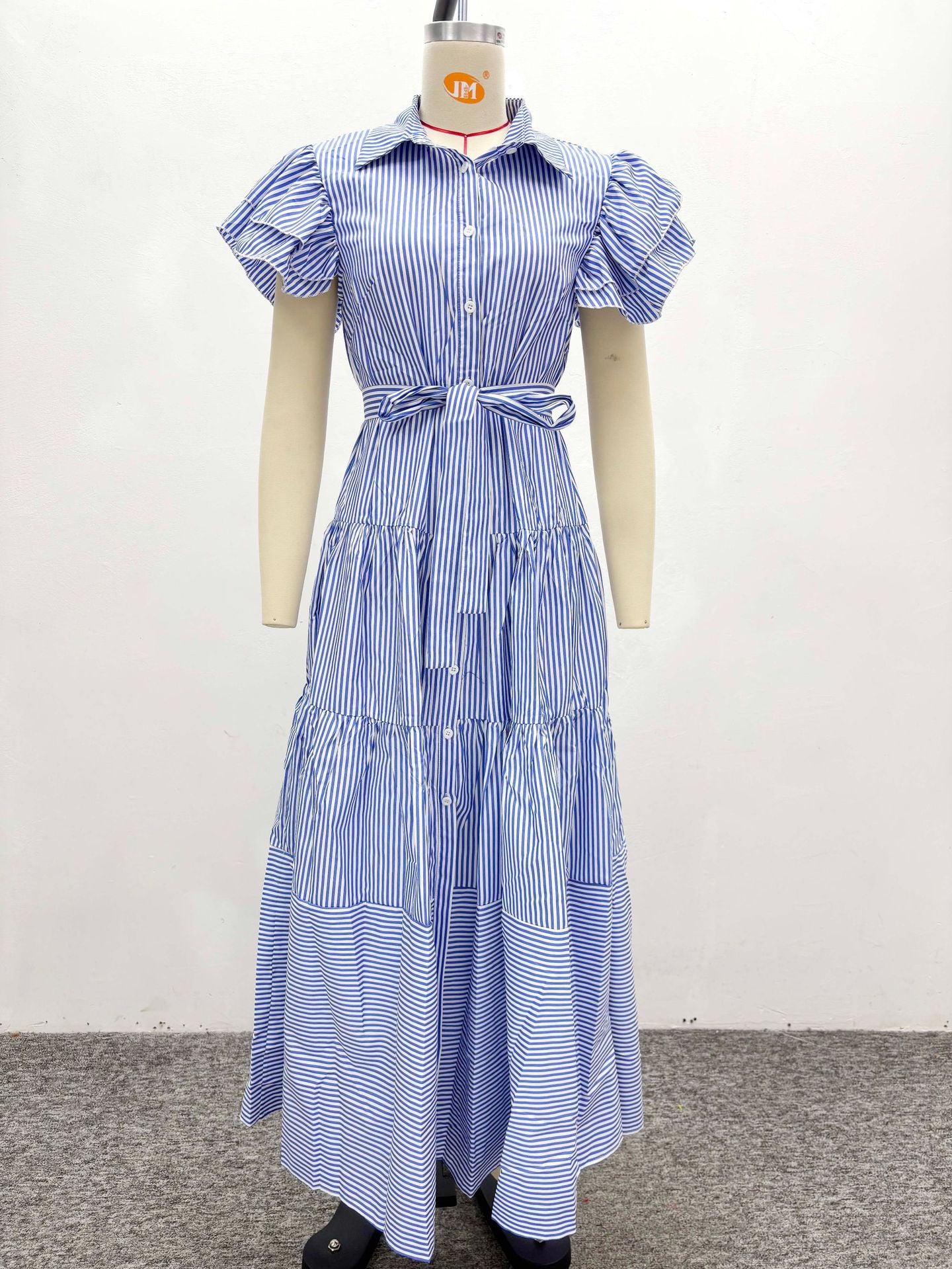 Plus Size African Striped Short-Sleeved Maxi Dress with Slits 4