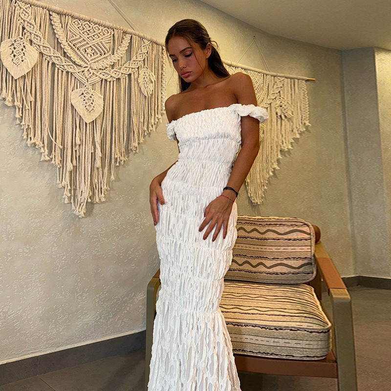 Spring Texture off shoulder slim Long Dress