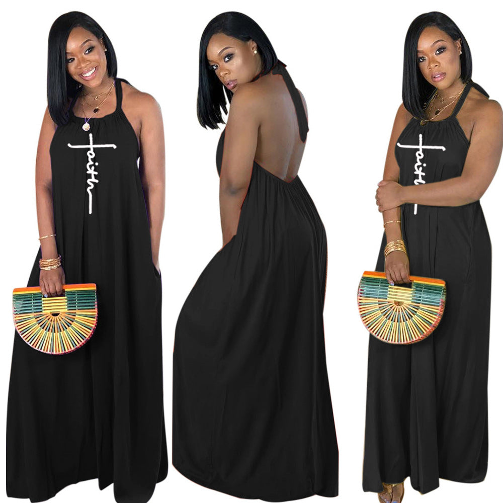 Women's Sling Loose Halter Print Boho Maxi Dress 15