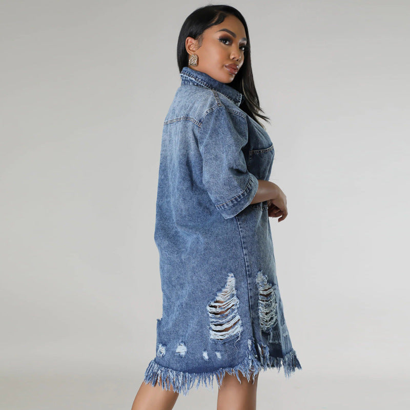 Plus-Size Women's Denim Ripped Tassel Short-Sleeve Turn-Down Collar Dress 5