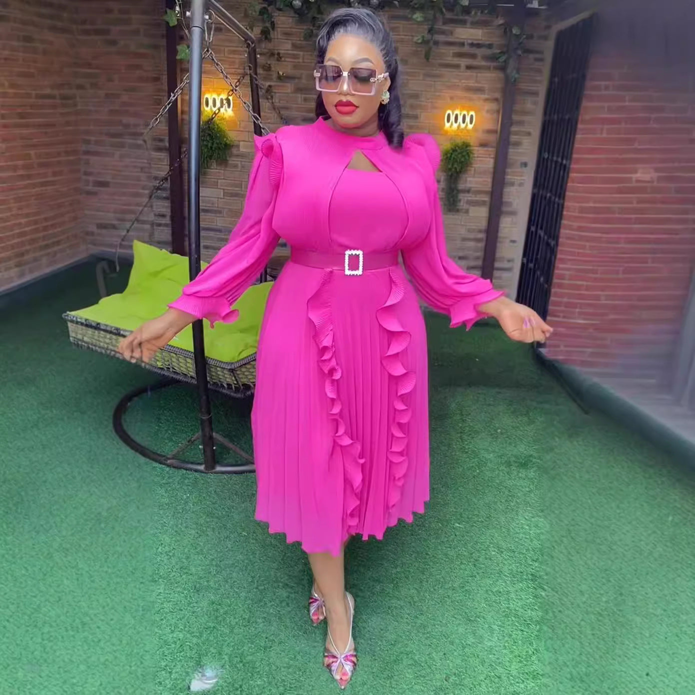 Plus Size Women's Africa Solid Color Autumn High Waist Slim Fit Ruffle Dress 7