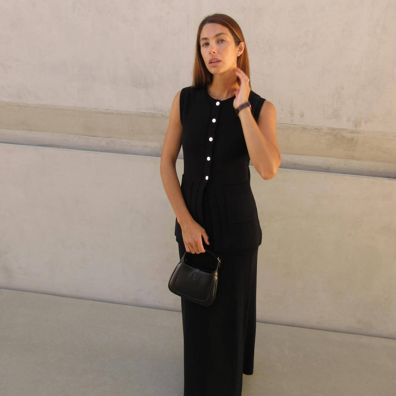 Women Sleeveless Pocket Knitting Vest and Slit Skirt Two Piece Set 10