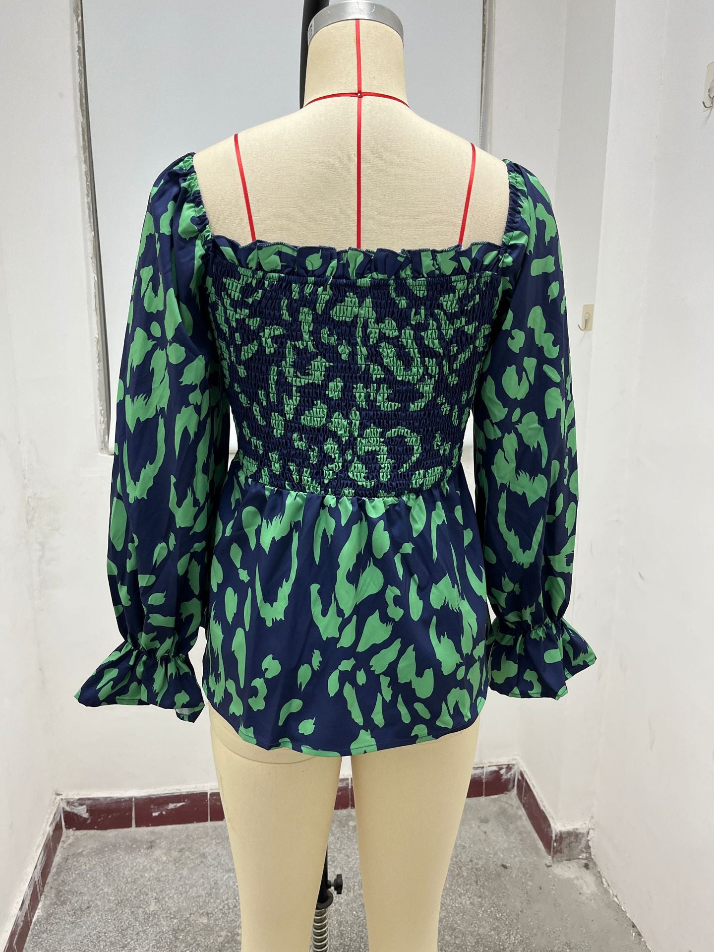 Women Casual Ruffle Edge Square Neck Leopard Print Long Sleeve Top 11