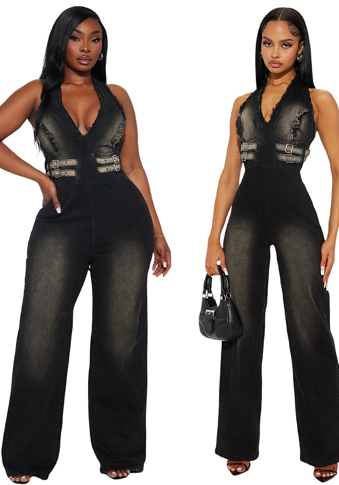 Tight Waist Slim Elastic Washed Denim Halter Neck Loose Jumpsuit