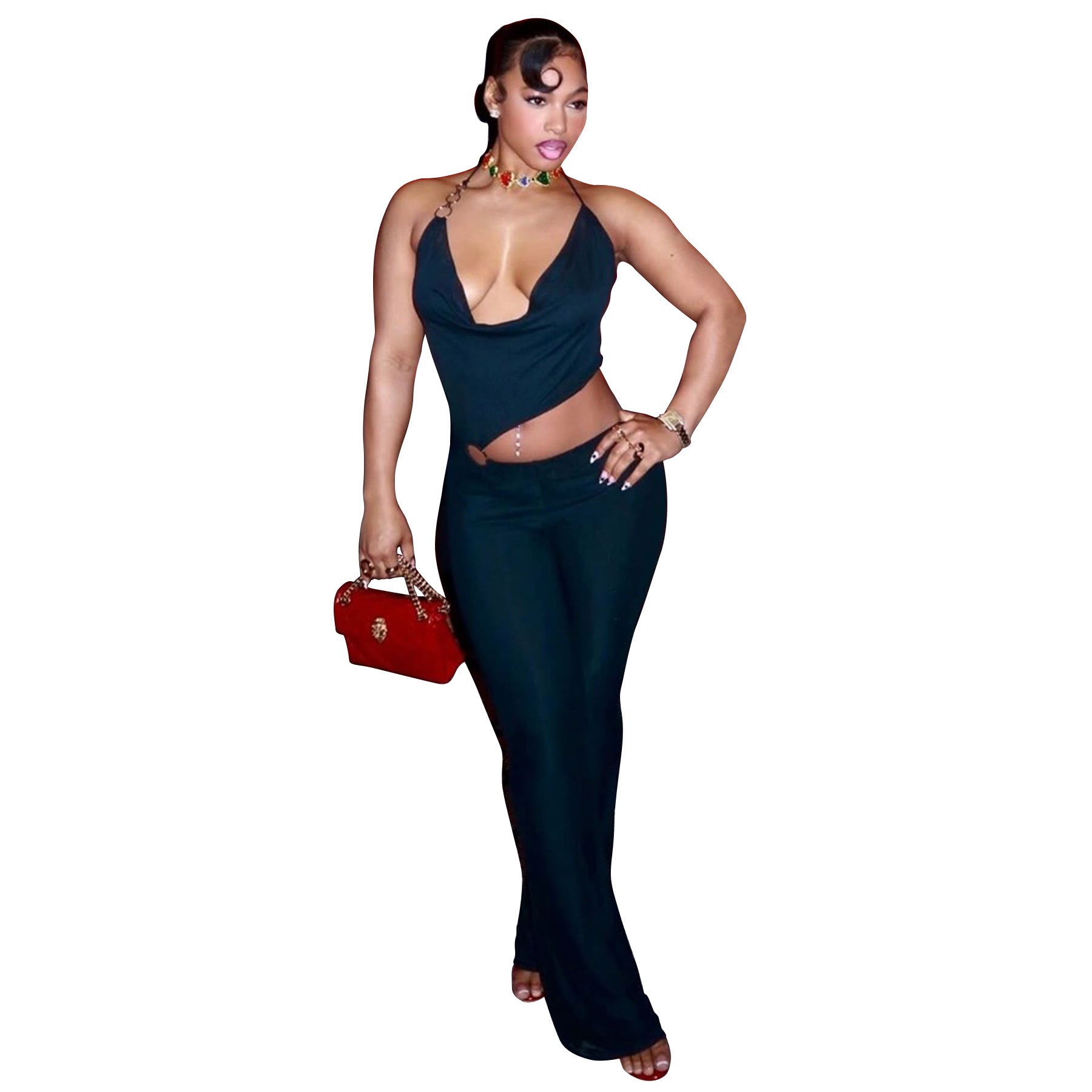 Women’s Circle-Embellished Halter Neck Open-Waist Jumpsuit 6