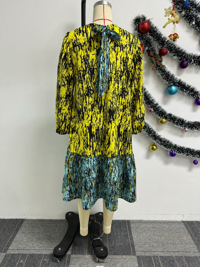 Women Printed Lace-Up Balloon Sleeves Loose Large Hem Round Neck Dress 6