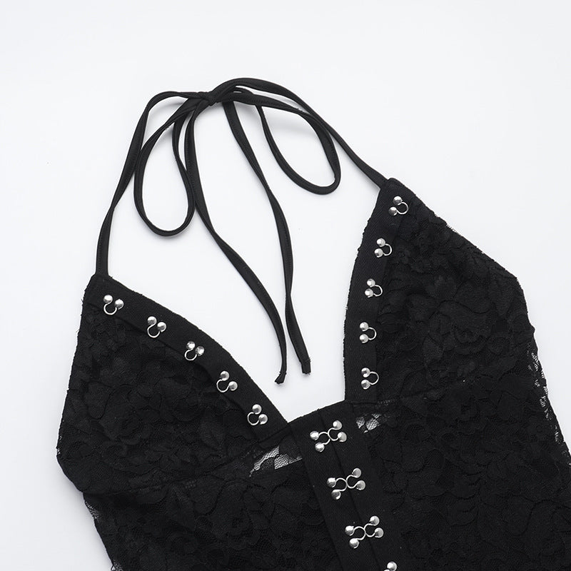 Women Summer Halter Neck Sexy Lace Suspender Jumpsuits 5