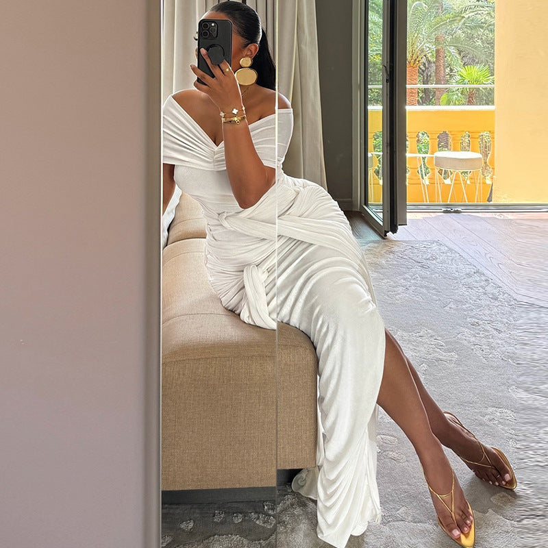 Women Solid Sexy Off Shoulder Sleeveless Slit Dress