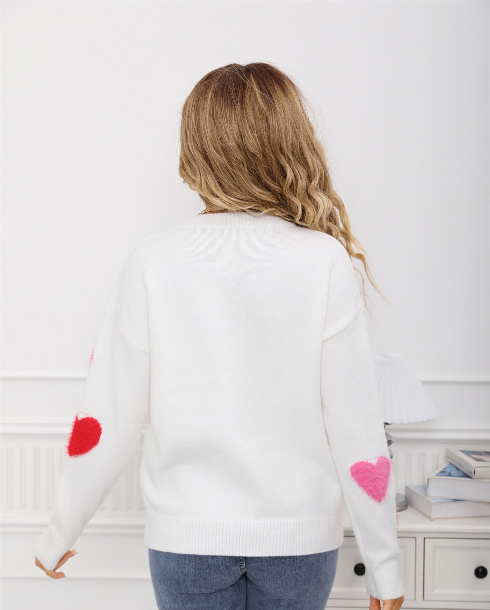 Spring Sweater Heart Print Valentine's Day Sweater Round Neck Knit Pullover Top 12