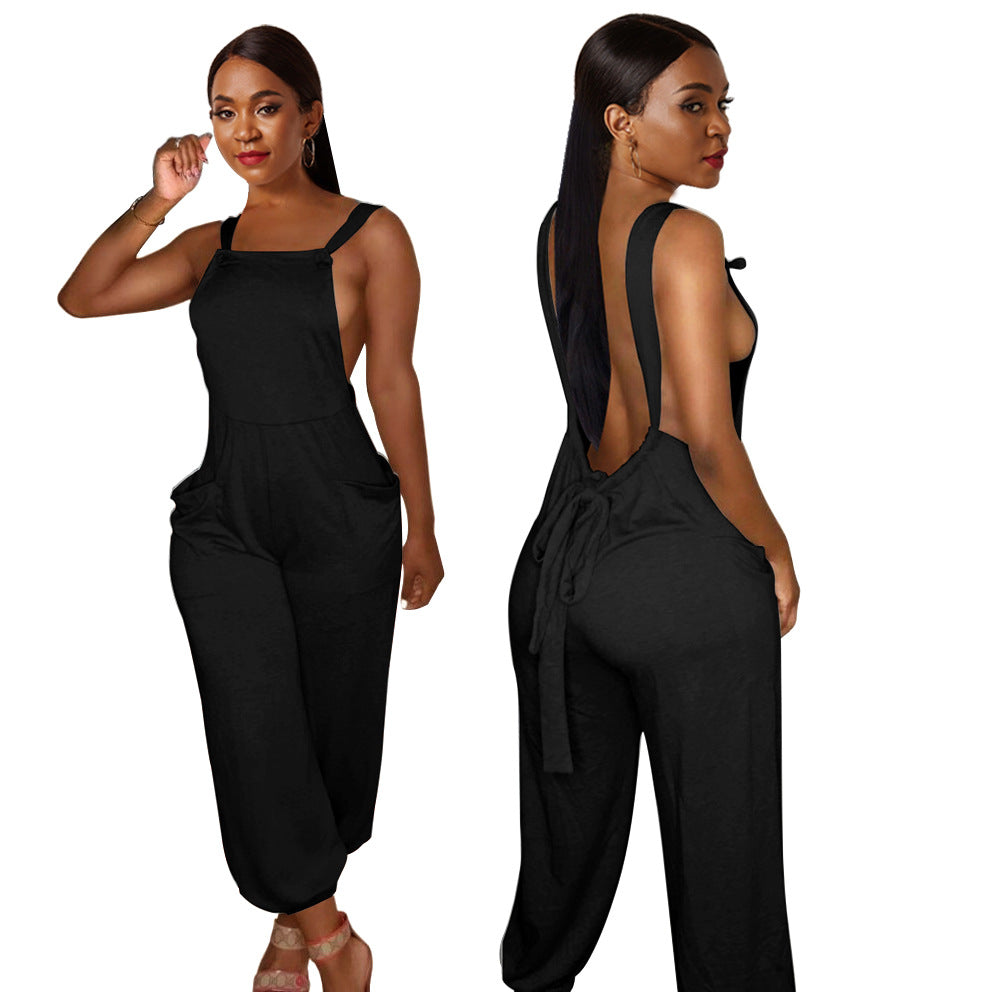Lace-Up Sexy Women's Gray Low Back Trend Loose Suspenders Jumpsuit 8