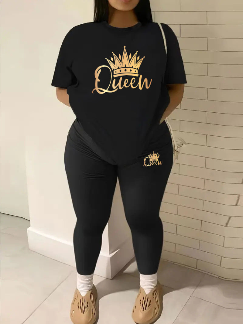 Women Gradient Crown Queen Letter Casual Print Summer Short Sleeve Top and Pants Two-piece Set 3