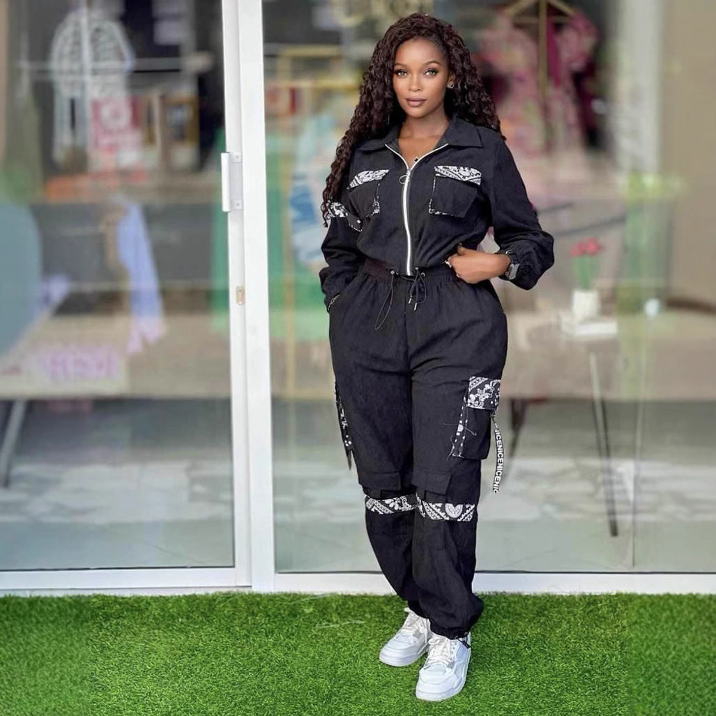 Plus Size Women Colorblock Top and Cargo Trousers Casual Two Piece Set 6