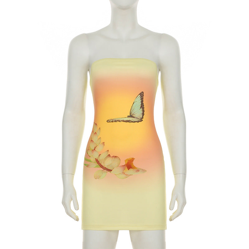 Women Sexy Holidays Butterfly Print Contrast Strapless Bodycon Dress 6
