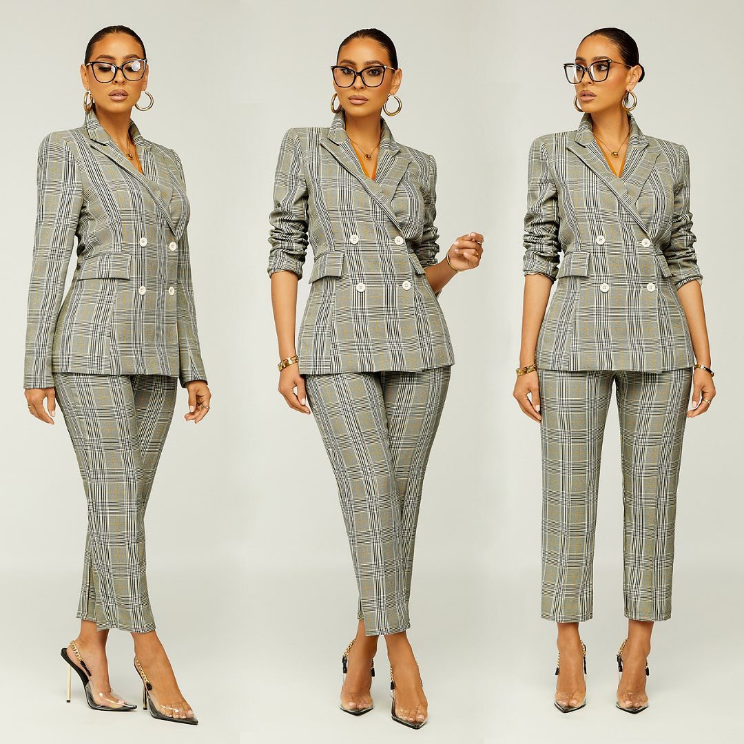 Women Spring Plaid Professional Blazer and Pant Two-Piece Set